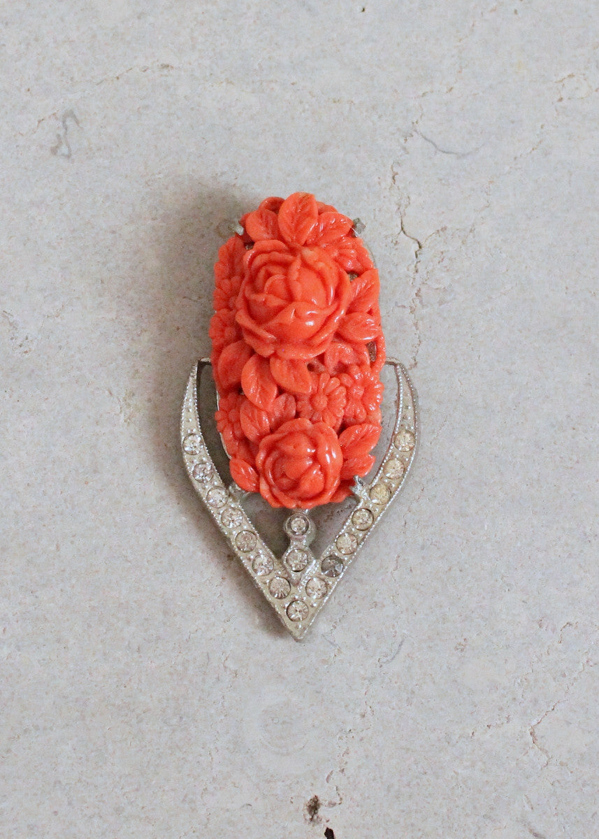 Vintage 1930s Celluloid and Rhinestone Flower Dress Clip
