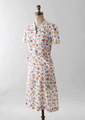 Vintage 1930s Floral Cotton Shirtwaist Day Dress