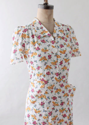 Vintage 1930s Floral Cotton Shirtwaist Day Dress