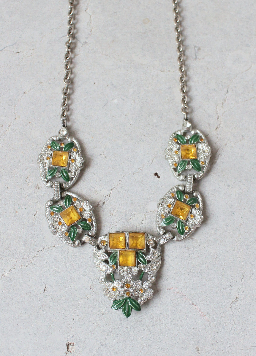 Vintage 1930s Gold and Green Rhinestone Glamour Necklace