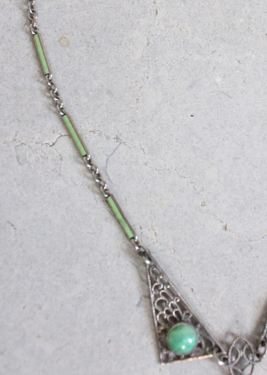 Vintage 1930s Green Glass and Silver Filigree Necklace