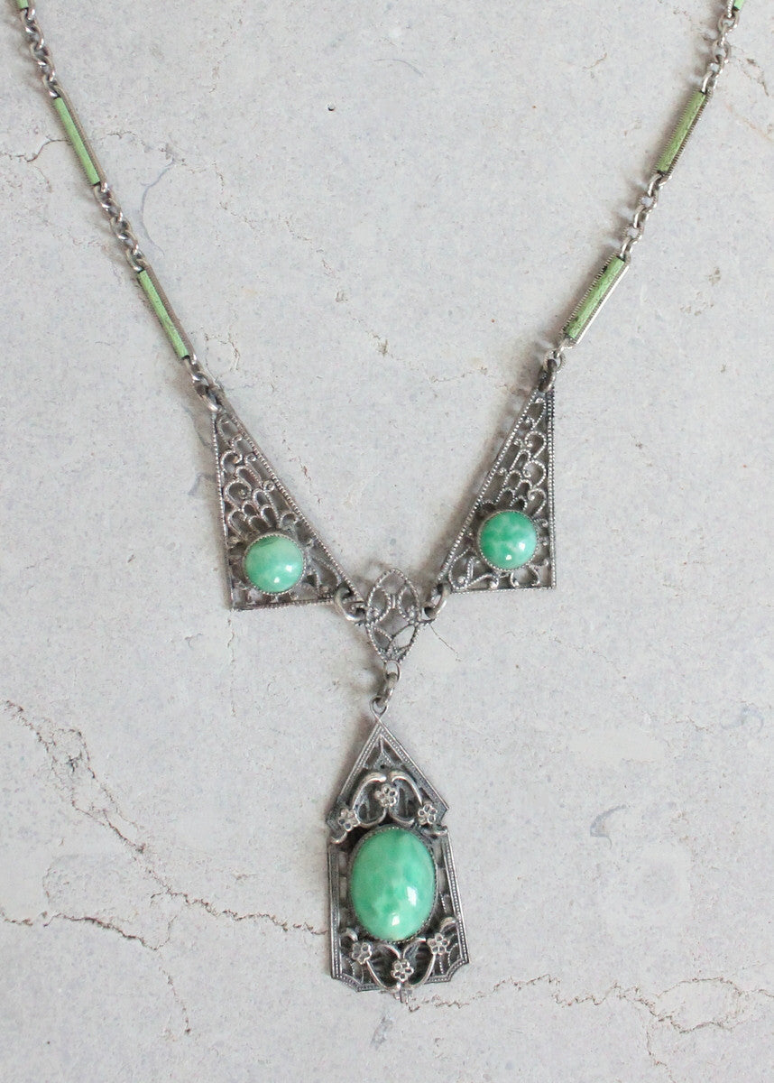 Vintage 1930s Green Glass and Silver Filigree Necklace