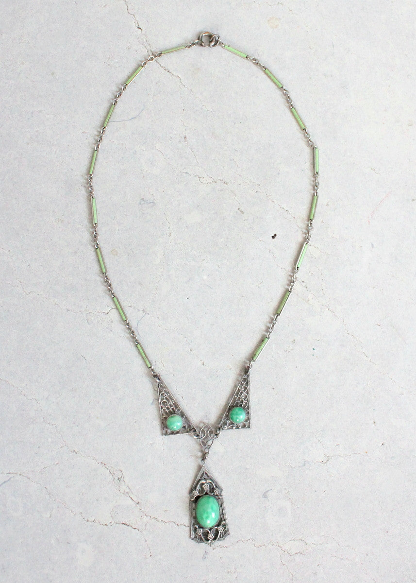 Vintage 1930s Green Glass and Silver Filigree Necklace