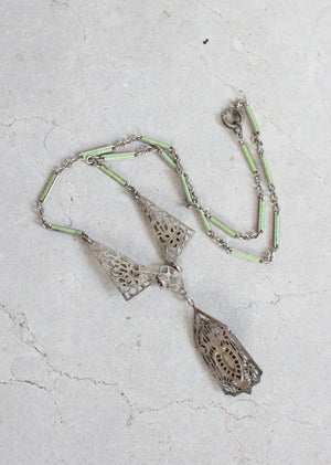 Vintage 1930s Green Glass and Silver Filigree Necklace