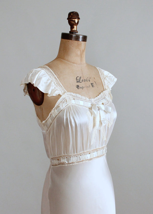 Vintage 1930s Ivory Silk and Lace Bow Front Nightgown - Raleigh Vintage