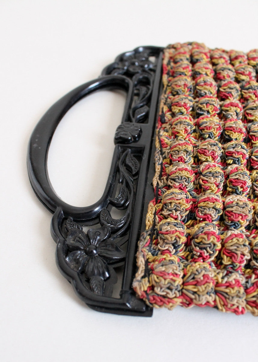 Vintage 1930s Multi Colored Popcorn Knit Purse with Black Celluloid Handles