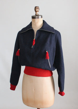 Vintage 1930s Navy and Red Wool Ski Sweater
