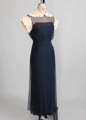 Vintage 1930s Navy Chiffon Petal Sleeves Evening Dress