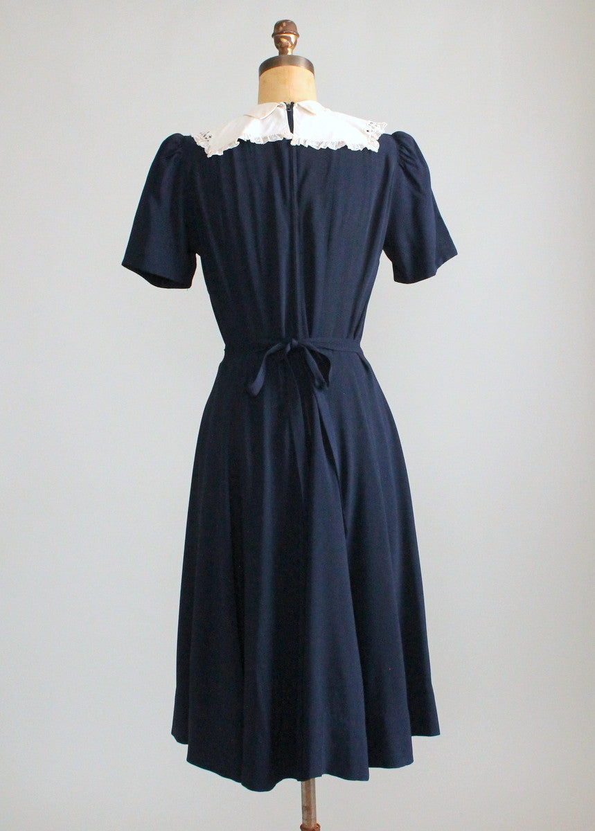 Vintage Late 1930s Navy Crepe Dress with Lace Collar