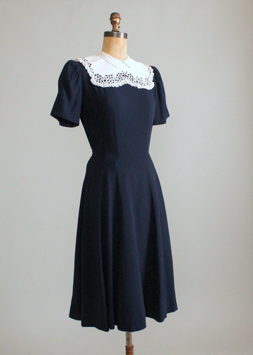Vintage Late 1930s Navy Crepe Dress with Lace Collar