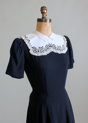 Vintage Late 1930s Navy Crepe Dress with Lace Collar