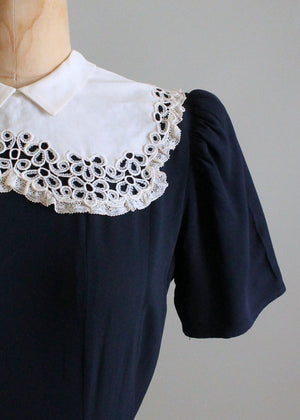 Vintage Late 1930s Navy Crepe Dress with Lace Collar