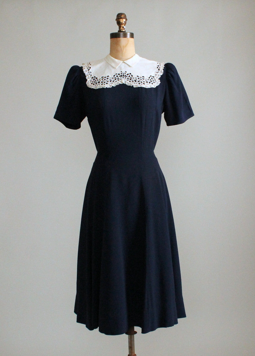 Vintage Late 1930s Navy Crepe Dress with Lace Collar