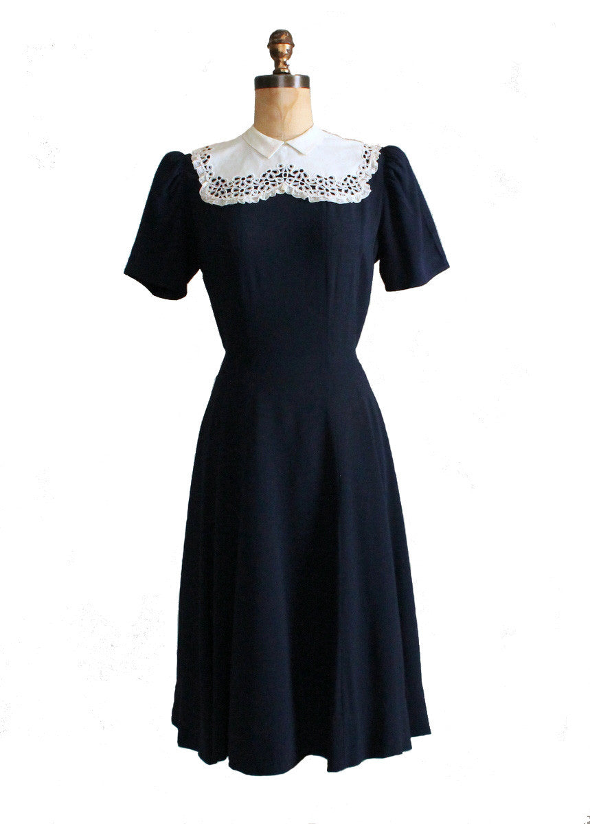 Vintage Late 1930s Navy Crepe Dress with Lace Collar