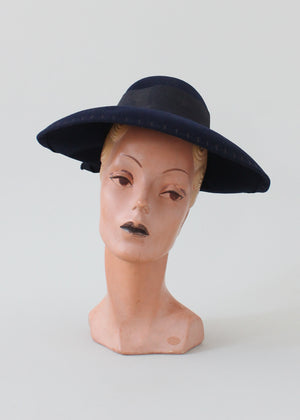 Vintage Late 1930s Navy Felt Wide Brim Hat
