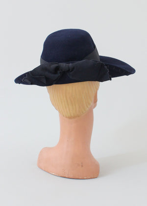 Vintage Late 1930s Navy Felt Wide Brim Hat