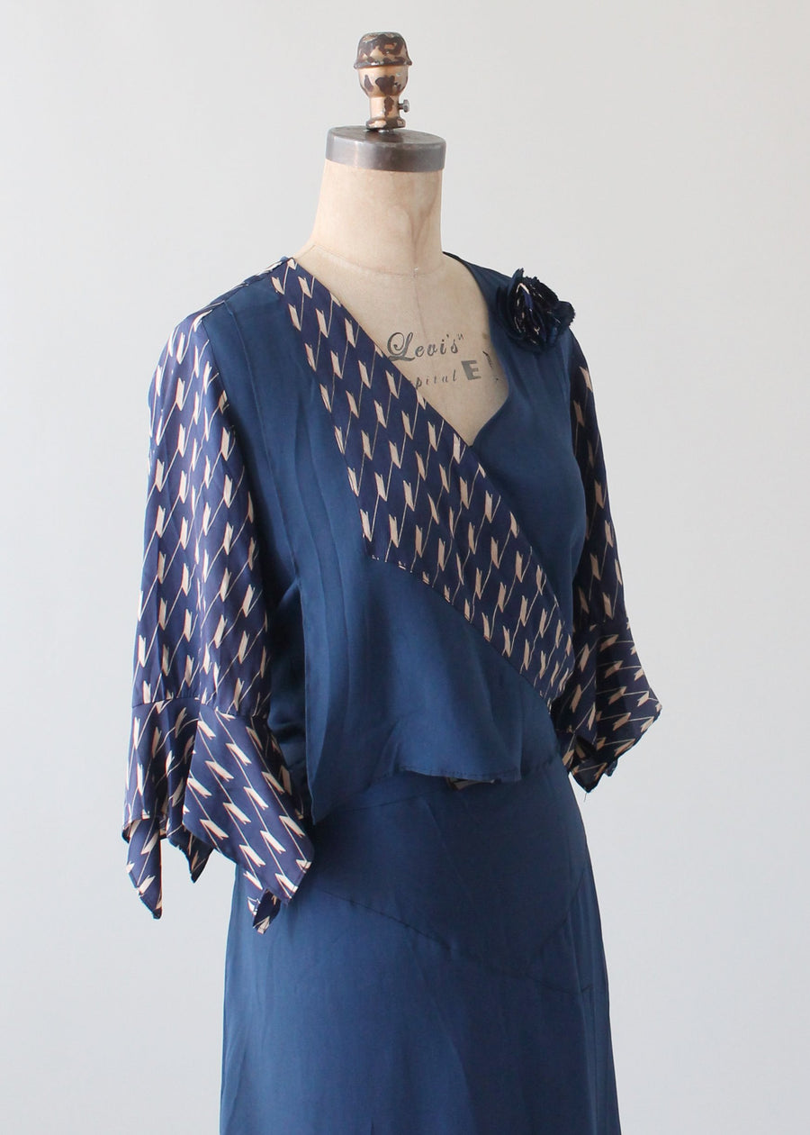 Vintage 1930s Art Deco Navy Day Dress