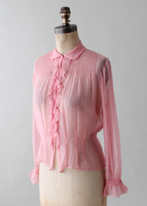 Vintage 1930s Pink Silk Ruffle Front Blouse