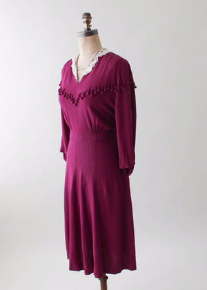 Vintage 1930s Purple Crepe Dress with Ball Fringe