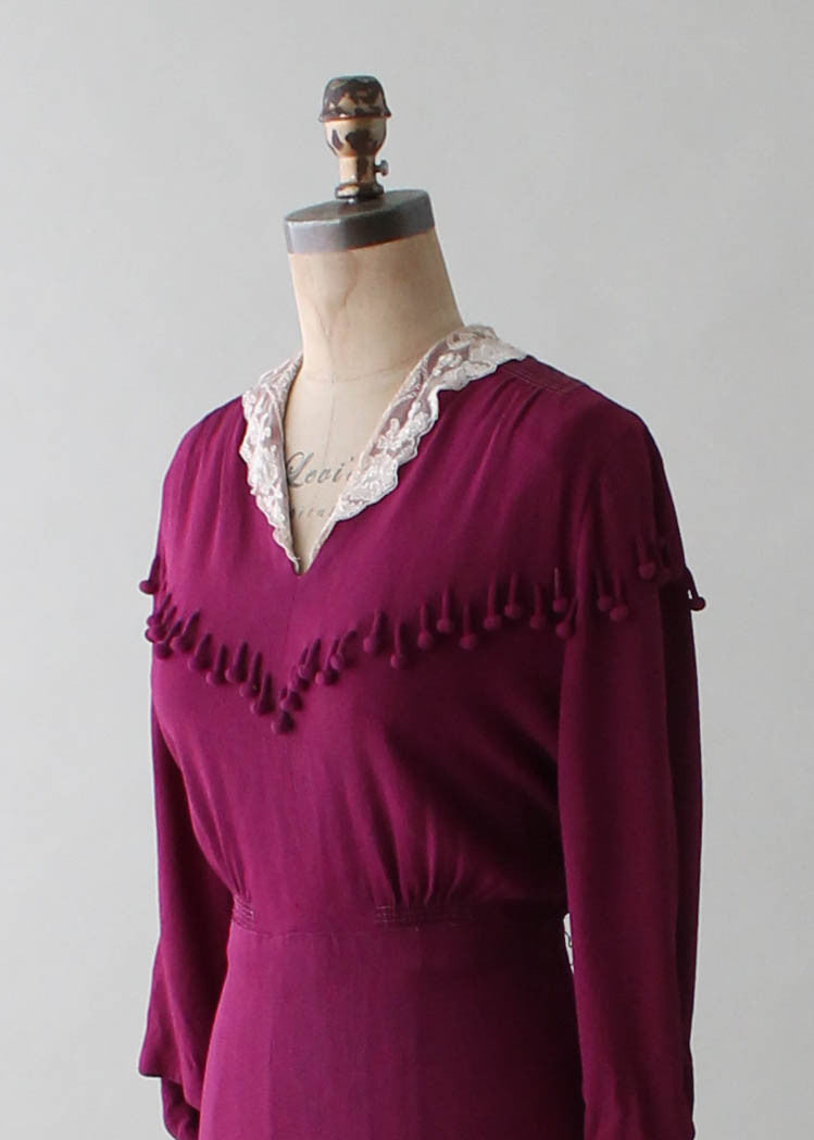 Vintage 1930s Purple Crepe Dress with Ball Fringe