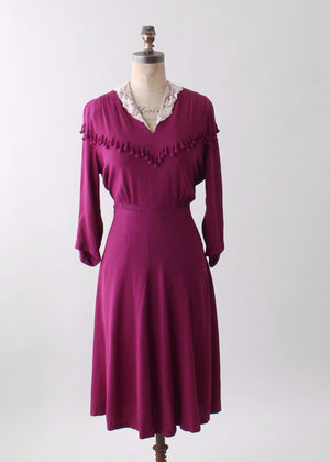 Vintage 1930s Purple Crepe Dress with Ball Fringe