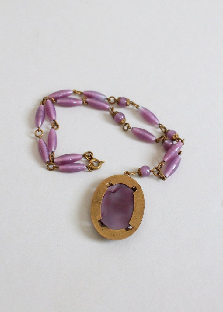 Vintage 1930s Purple Glass and Brass Flower Necklace