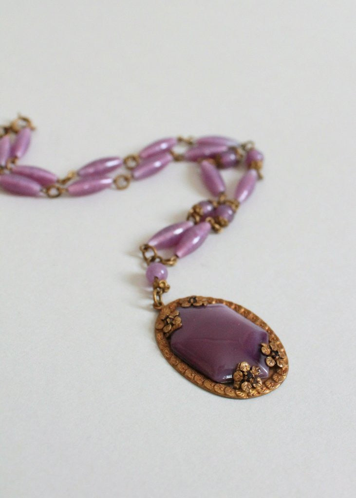 Vintage 1930s Purple Glass and Brass Flower Necklace