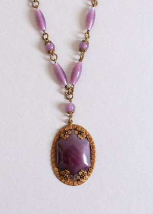 Vintage 1930s Purple Glass and Brass Flower Necklace