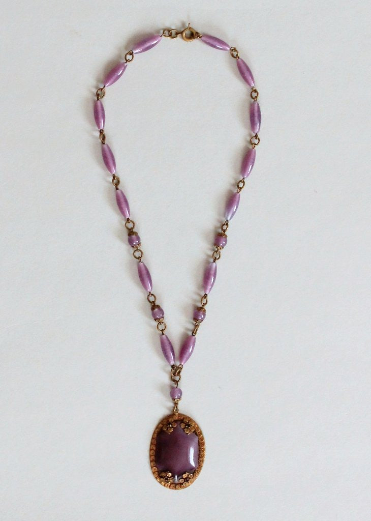Vintage 1930s Purple Glass and Brass Flower Necklace