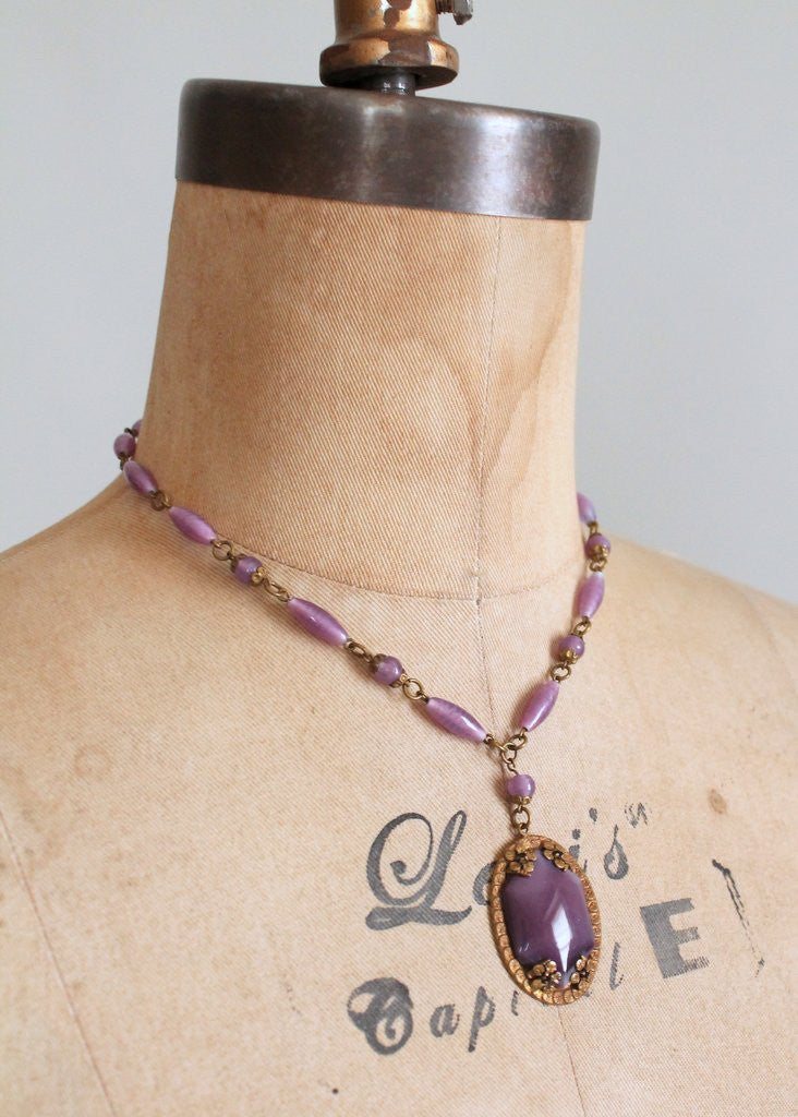 Vintage 1930s Purple Glass and Brass Flower Necklace