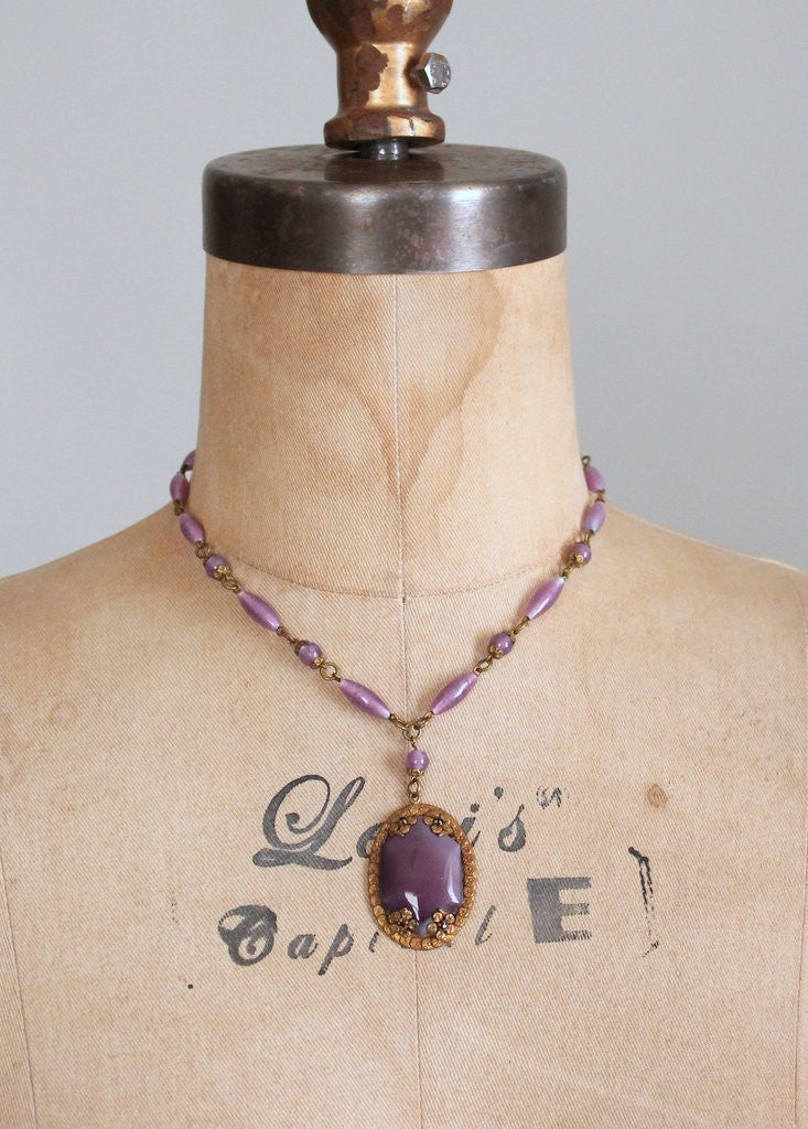 Vintage 1930s Purple Glass and Brass Flower Necklace