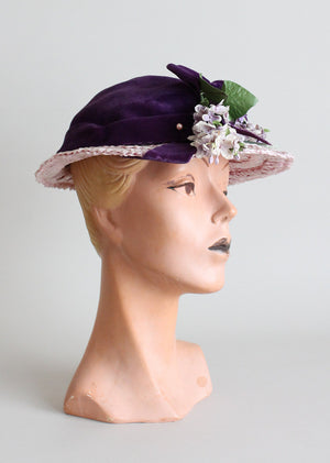 Vintage 1940s Purple Wisteria Straw and Velvet Hat