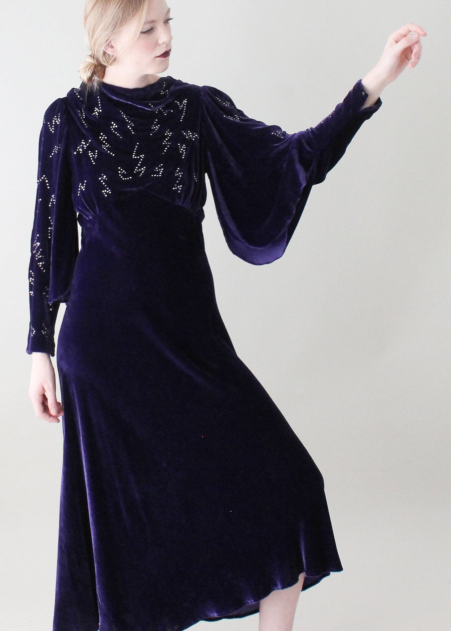 Vintage 1930s Purple Velvet Evening Gown with Rhinestones