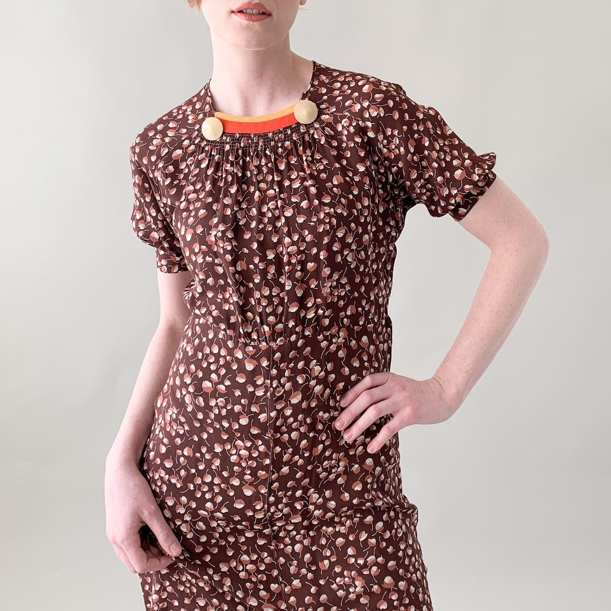 Vintage 1930s Art Deco Rayon Leaf Print Dress — Smocked Neckline