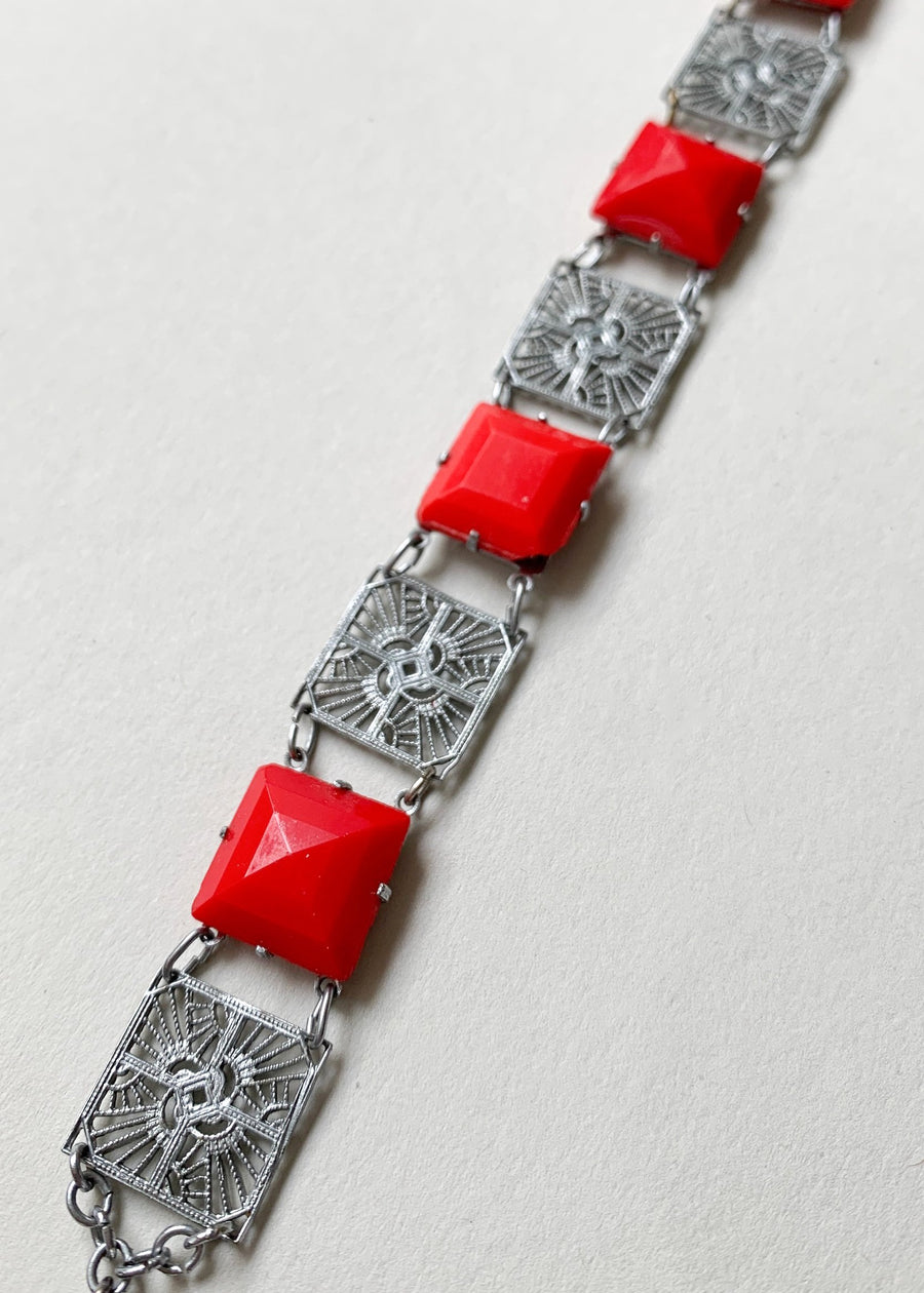 Vintage 1930s Red Glass and Silver Bracelet