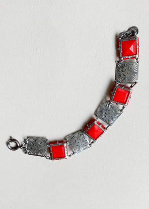 Vintage 1930s Red Glass and Silver Bracelet