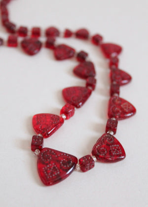 Vintage 1930s Be Still My Heart Red Glass Necklace