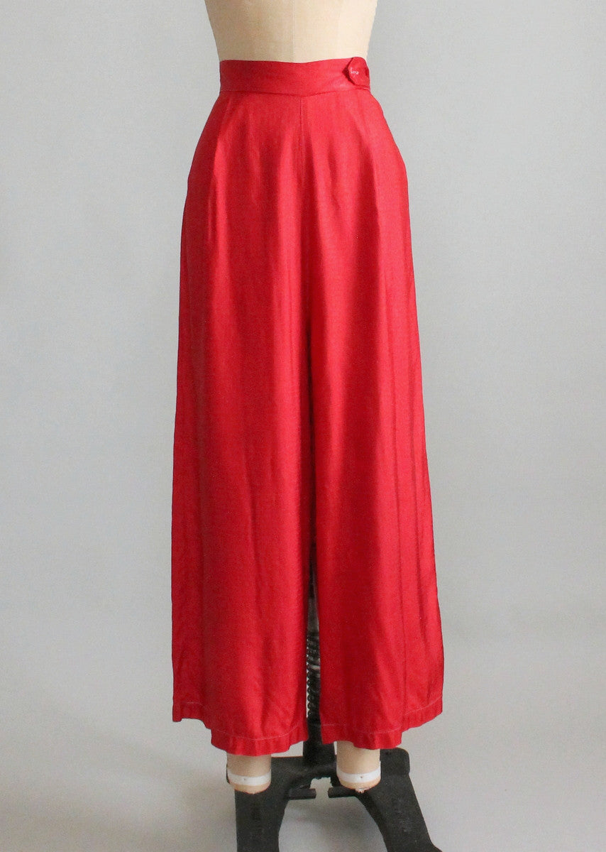 Vintage 1930s Red Satin Wide Leg Pants