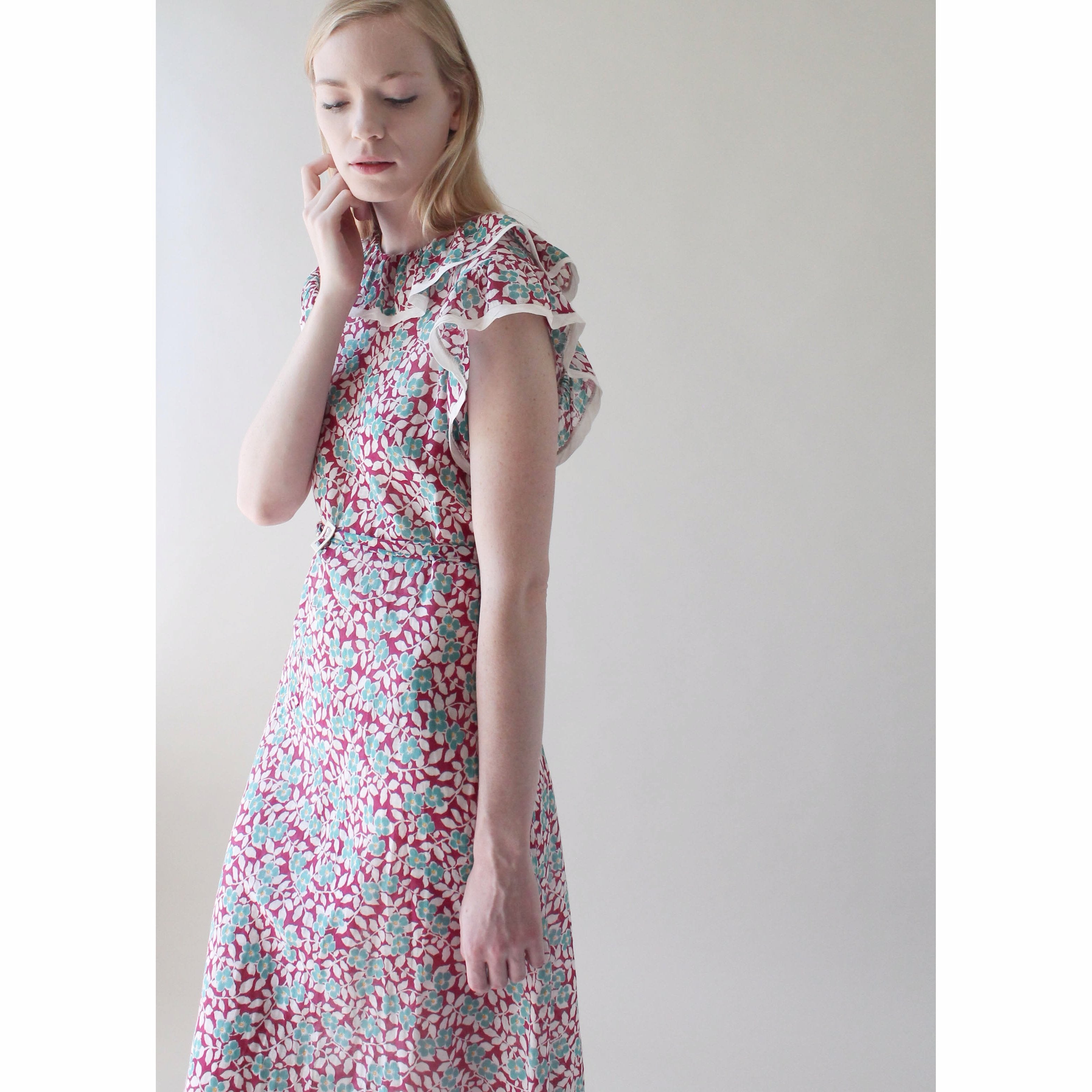 Vintage 1930s Teal and Plum Floral Day Dress