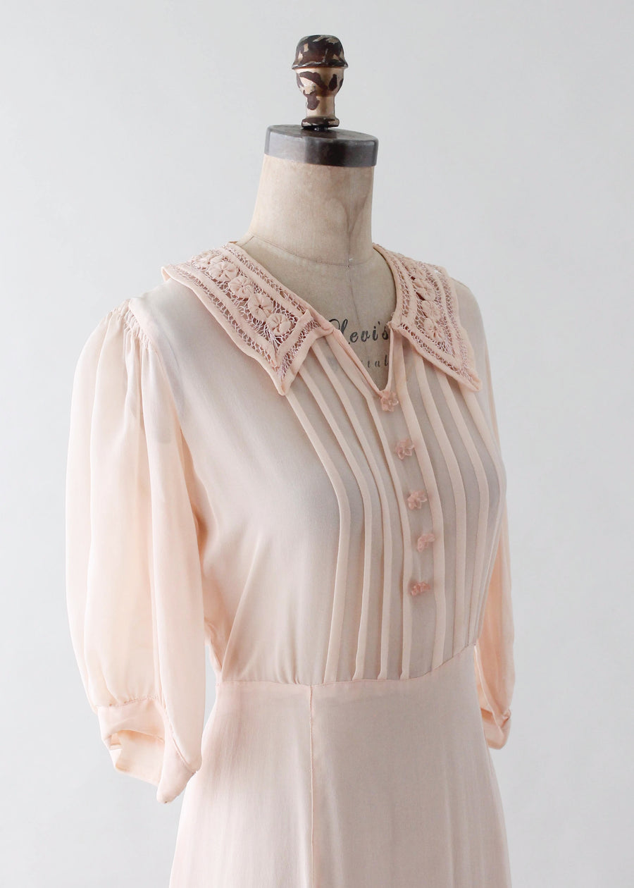 Vintage 1930s Peach Sheer Silk Crepe Day Dress