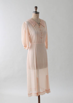 Vintage 1930s Peach Sheer Silk Crepe Day Dress - Raleigh Vintage