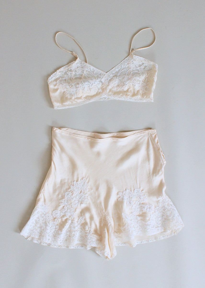 Vintage 1930s Ivory Silk and Lace Tap Pants and Bra Set