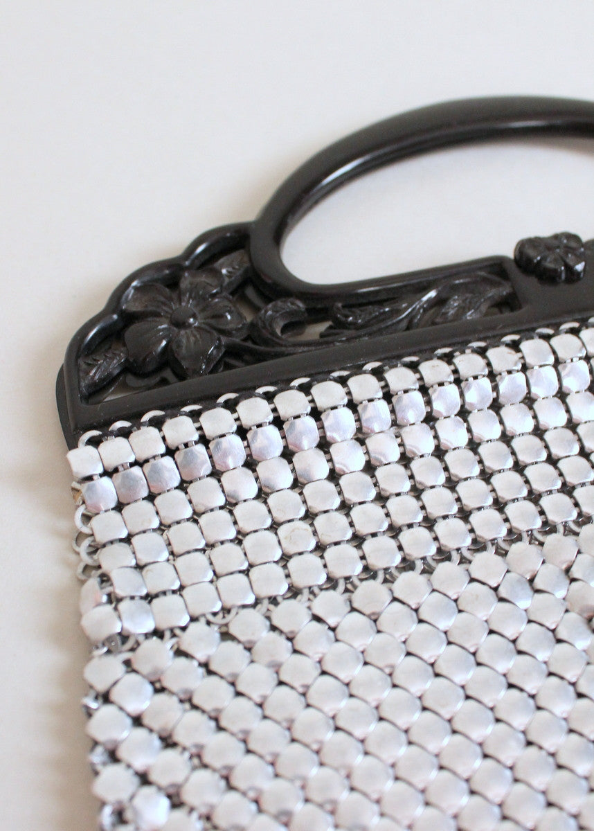 Vintage 1930s Silver Mesh Purse with Black Celluloid Handles