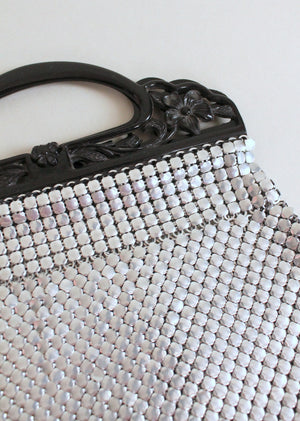 Vintage 1930s Silver Mesh Purse with Black Celluloid Handles