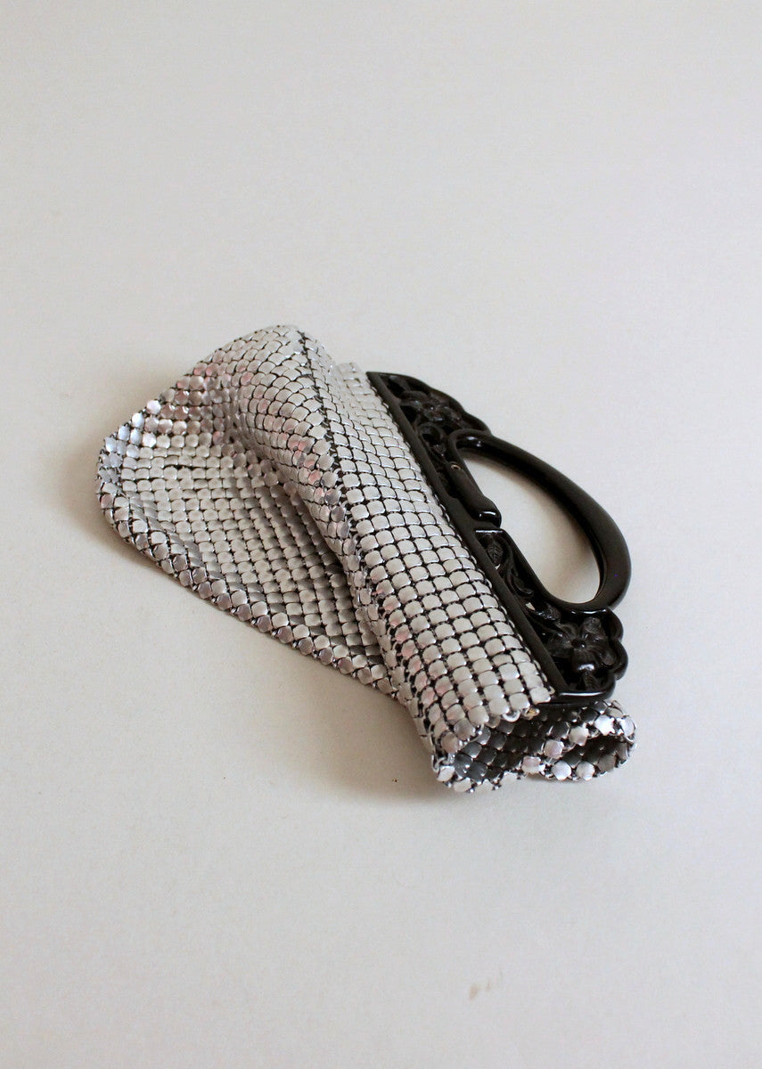 Vintage 1930s Silver Mesh Purse with Black Celluloid Handles