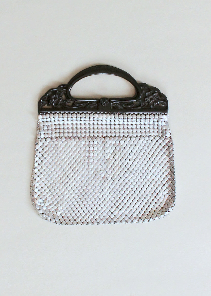 Vintage 1930s Silver Mesh Purse with Black Celluloid Handles