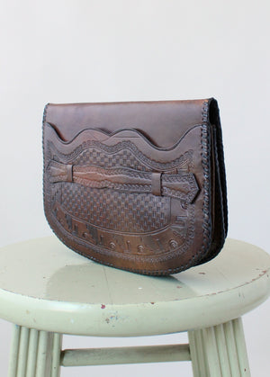 Vintage 1930s Mexican Two Toned Tooled Leather Clutch Purse