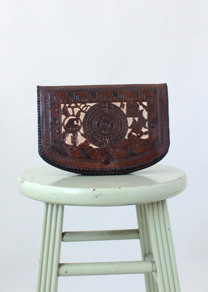 Vintage 1930s Mexican Two Toned Tooled Leather Clutch Purse