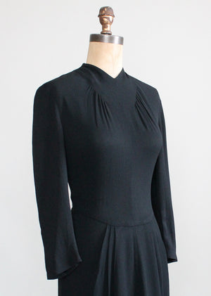 Vintage 1940s Art Deco Simple Black Crepe Dress
