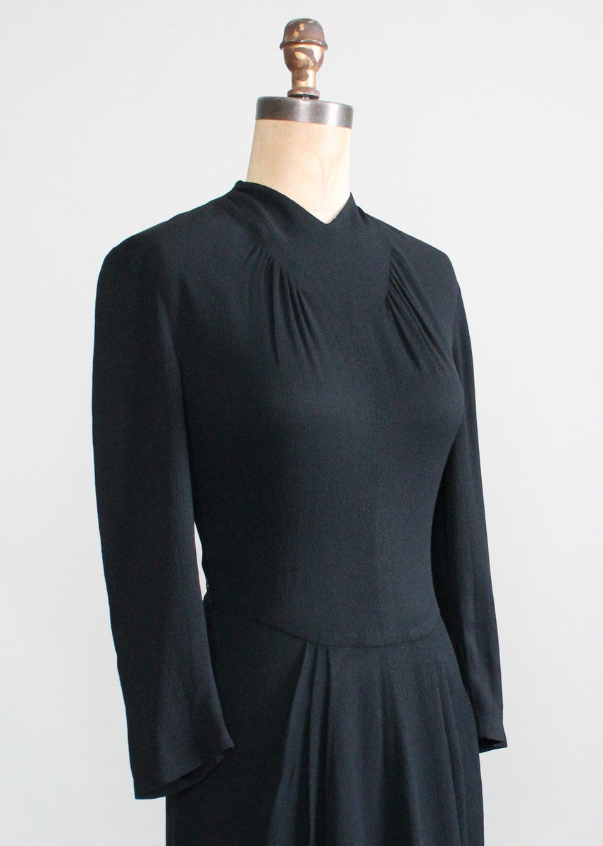 Vintage 1940s Art Deco Simple Black Crepe Dress